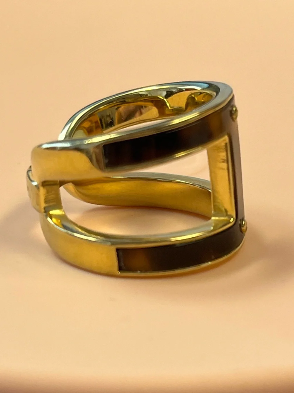 Michael Kors Gold Tone Tortoise Shell Acetate Cage Double Band Ring Size 7